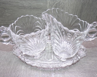 2605 Cambridge Caprice Crystal Swirl 3 pc Vintage Cream & Sugar Set w/ Tray