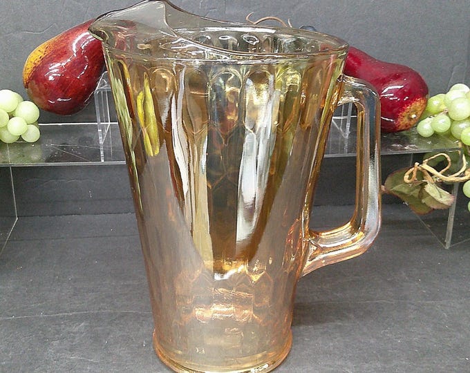 2403 Jeannette Glass 9" Iridescent Marigold Carnival Hex Optic Honeycomb 2 qt Pitcher w/Ice Lip - Excellent Condition