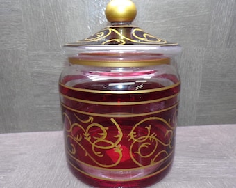2605 Pier 1 Imports Red Flash Glass with Gold Trim 8" Tall 6" Wide Cookie / Biscuit Jar w/ Lid
