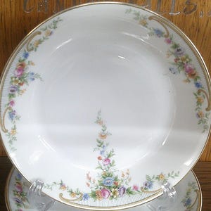 May include: A white ceramic soup bowl with a gold rim and a floral pattern. The bowl has a delicate floral design in shades of pink, blue, and yellow.