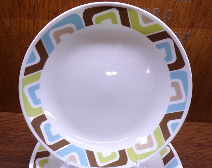 2506 Corelle Livingware Squared 10.25" Dinner Plates Set of 4 green, Brown, Blue Geometric Squares - Great Condition