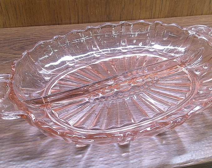 2411 Anchor Hocking Oyster & Pearl Pink / Peach Depression Glass Oval Divided Relish Dish 1938 - 1940 - Great Condition