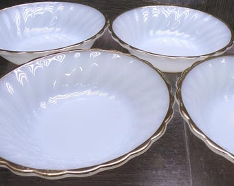 2608 Anchor Hocking Suburbia 5" Vintage Milk Glass Swirl Berry Bowls Gold Rim Set of 4