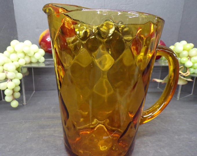 2311 Hazel Atlas Diamond Optic 8.25" Golden Amber Glass 56oz Pitcher Vintage 1960's - Very Good Condition No Chips or Cracks
