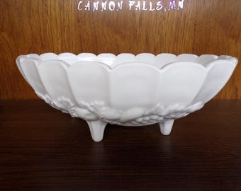 2508 Indiana Glass Colony Footed 8" x 12" Vintage White Milk Glass Embossed Oval Fruit Bowl Scalloped Edge- Good Condition