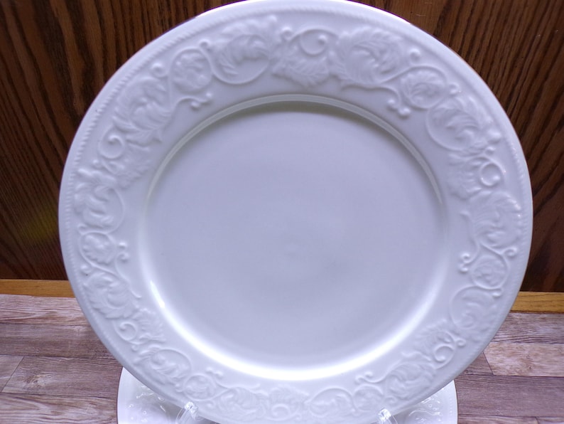 Pu&ograve; includere: Un piatto in ceramica bianca con un motivo decorativo a rilievo di fiori e viti attorno al bordo. Il piatto ha una superficie liscia e lucida e un bordo leggermente rialzato. Il piatto &egrave; probabilmente per servire cibo.