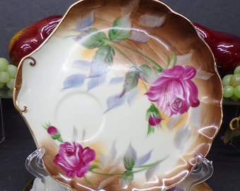 2306 Lefton Shell Shaped Snack Tray w/ Hand Painted Roses & Gold Trim 8" Vintage Set of 3