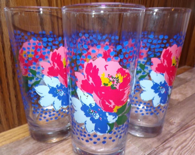 2511 Pioneer Woman Dazzling Dahlias Pink & Blue Floral 6.5" 16 oz Drinking Glass Tumblers Set of 4 - Great Condition