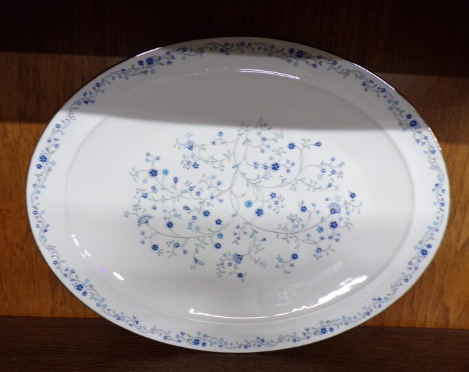 2506 Noritake Ivory China Serene Garden #7164 Vintage 16" x 12" Oval Serving Tray Platter Platinum Rim - Good Condition Light Scratches