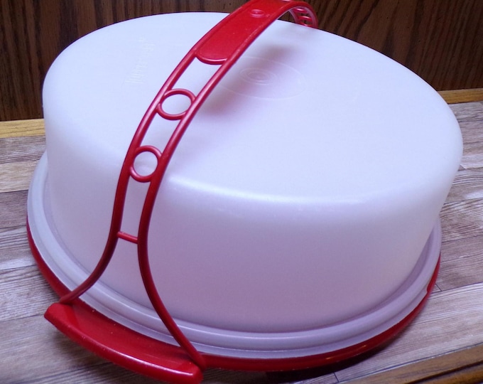 2509 Tupperware 11" Red Vintage Cupcake, Cake, Pie Keeper Carrier & Handle with 4" Frosted Cover- Great Condition Some Scratches