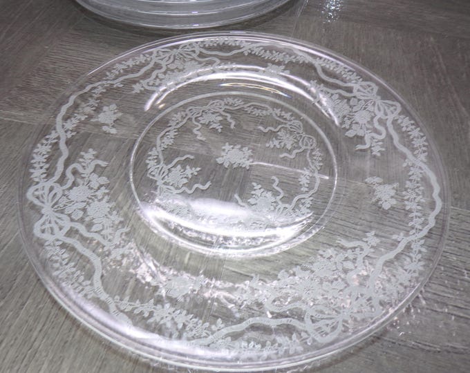 2602 Fostoria Glass Romance 7.75" Salad / Snack Plates Set of 7 Etched Floral and Bows Clear Glassware - Great Condition