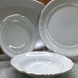 2407 Tienshan Elegance Fine China Embossed Textured Scrolls with Gold Trim Dinnerware - Great Condition