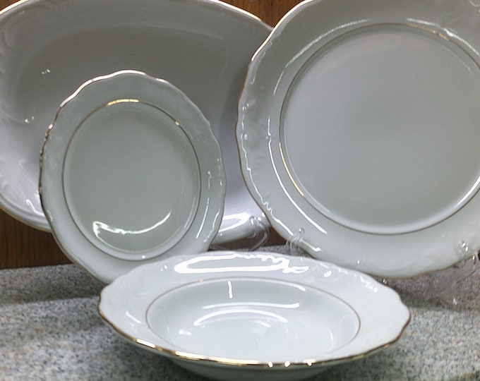 2407 Tienshan Elegance Fine China Embossed Textured Scrolls with Gold Trim Dinnerware - Great Condition