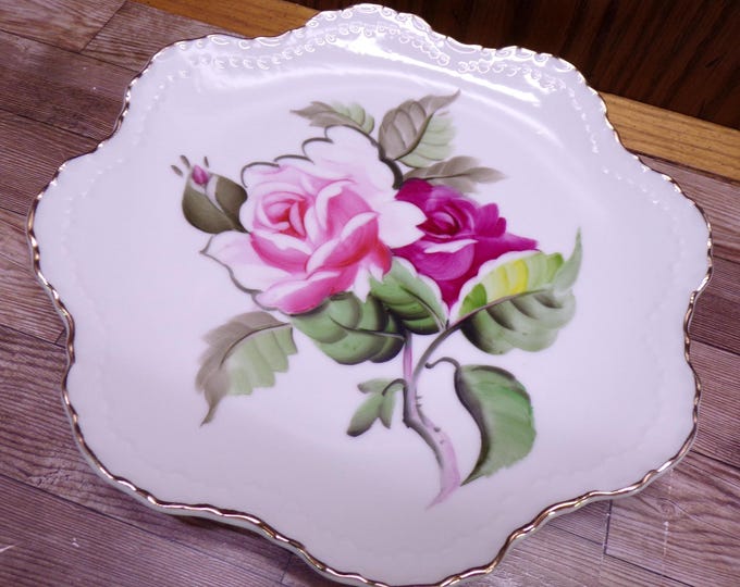 2511 Lefton China Vintage Pink Red Rose 8" Hand Painted Plate Gold Trimmed - Great Condition