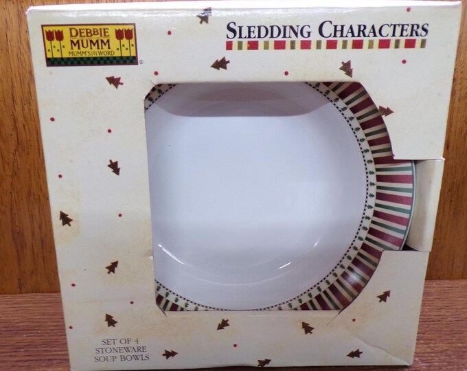 2503 Sakura Sledding Characters Vintage 7.75" Stoneware Soup Bowls Set of 4 by Debbie Mumm- New in Box