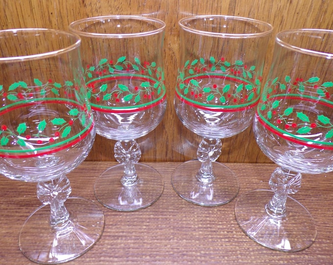 2506 Arby's Holly Berry Christmas 6.75" Stemmed / Footed 12 oz Vintage Glasses with Gold Rim & Bow Stem Set of 4 - Great Condition