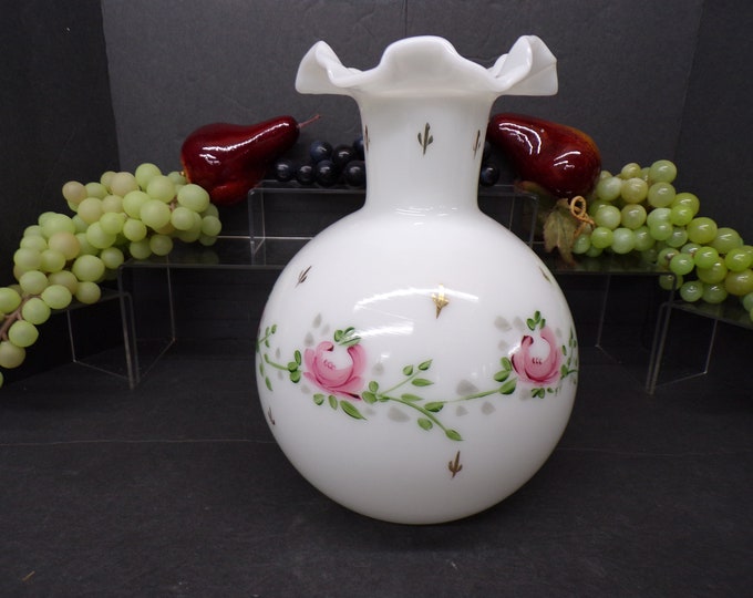 2305 Milk Glass Vase with Hand-Painted Pink Flowers Beautiful Vintage 10" - Good Condition No Chips or Cracks