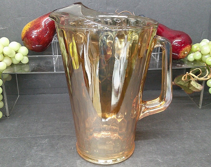 2403 Jeannette Glass 9" Iridescent Marigold Carnival Hex Optic Honeycomb 2 qt Pitcher w/Ice Lip - Excellent Condition