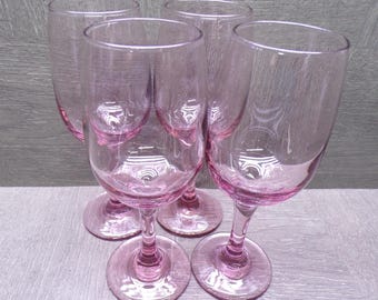 2605 Libbey Glass Premier Plum Pink Vintage 7.25" 10 oz Footed Wine Glasses Set of 4 - Great Condition