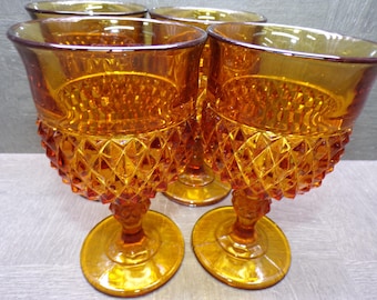 2609 Indiana Glass Diamond Point Burnt Honey Amber Vintage 11 oz 6.5" Footed Glasses Goblets Set of 4