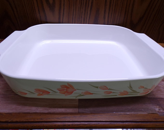 2508 Corning Ware A-21-B-N Peach Floral Vintage 12.25"x10.5"x2.5" Open Roaster Lasagna Casserole Pan - Great Condition
