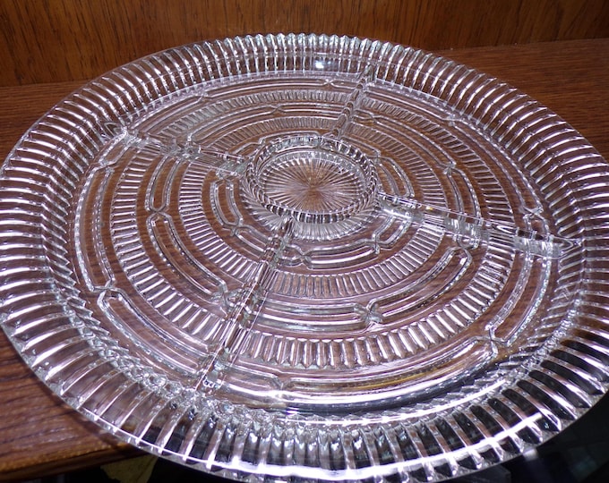 2507 Anchor Hocking Vintage Queen Mary Crystal 14" Sectional Serving Tray Platter Divided Dish Serving Tray Platter - Pre-owned Great Cond.