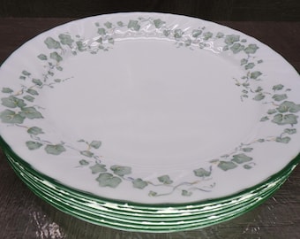 2602 Corelle Callaway Green Ivy Swirl Vintage 10.25" Dinner Plates Set of 7 - Green Edges are Very Chipped up- Surface Area is Great