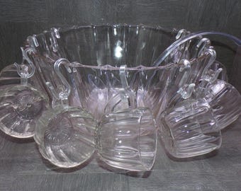 2606 Peach Pink Tinted Panel Glass Vintage 20 pc Punch Bowl Set