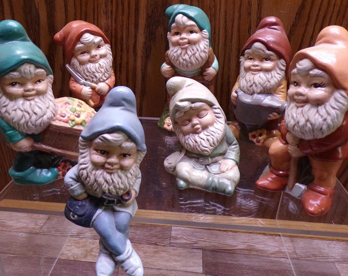 2508 Vintage Hand-painted Ceramic Gnomes Set of 7 approx. 5" Tall- Great Condition