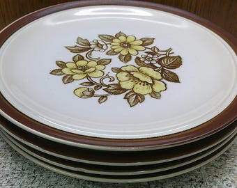 2407 Sierra Stoneware Blossoms 10.25" Dinner Plates Set of 4 Brown Rim Yellow & Brown Floral - Excellent Condition