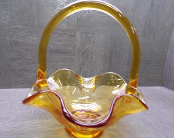 2606 Amber Vintage 7" Glass Basket w/ Handle