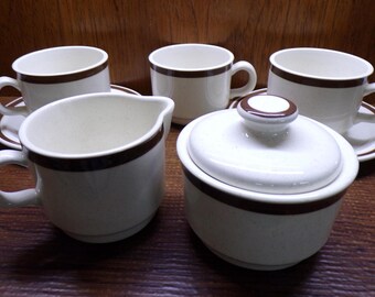 2507 Brown & Tan Band on Sandstone 7 pc Vintage Stoneware Cream, Sugar, 3 Cups and 2 Saucers Made in Philippines - Great Condition