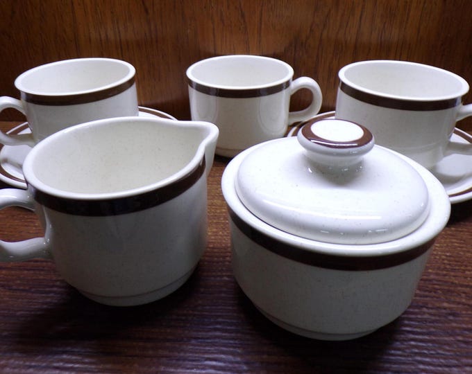 2507 Brown & Tan Band on Sandstone 7 pc Vintage Stoneware Cream, Sugar, 3 Cups and 2 Saucers Made in Philippines - Great Condition