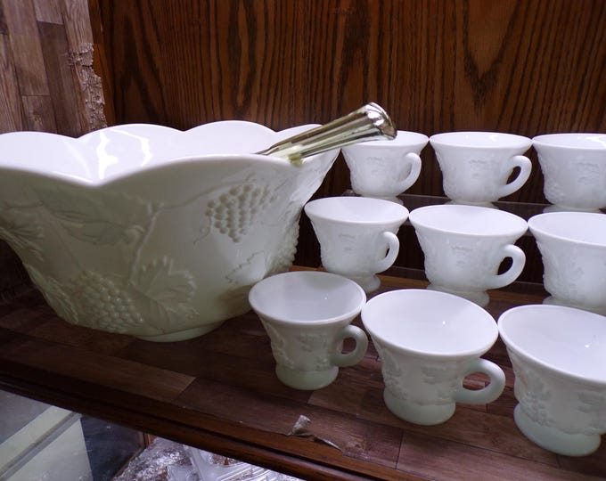 2509 Indiana Glass Colony Vintage Harvest Grape Milk Glass 27 pc Punch Set - Bowl, Metal Base, 12 Cups, 12 Hooks & Ladle - Good Condition