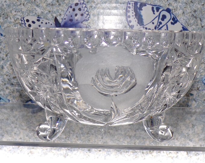 2206 Beautiful Vintage 5.5" Candy Bowl 3 Footed 24% Lead Crystal with Etched Frosted Satin Flowers - Great Condition