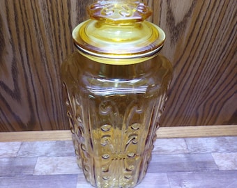 2510 Imperial Glass Atterbury Scroll Vintage Amber Canister 10" Tall 11.5" Tall w/ Lid - Good Condition Crack in Plastic Seal - Seals Great