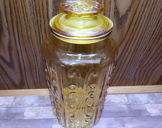 2510 Imperial Glass Atterbury Scroll Vintage Amber Canister 10" Tall 11.5" Tall w/ Lid - Good Condition Crack in Plastic Seal - Seals Great