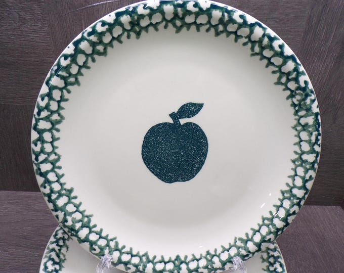 2603 Folkcraft Green Sponge Apple 10.5" Dinner Plates Set of 4 by Tienshan Stoneware - Good Condition Light Scratches