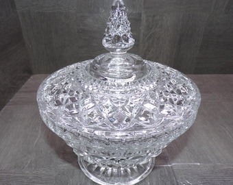 2603 Anchor Hocking Wexford Pattern Vintage 7" Covered Candy Dish w/ Steeple Lid Criss-Cross Diamond Cut Crystal Glass - Great Condition
