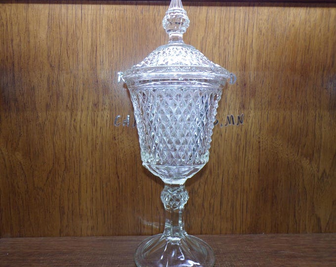 2506 Indiana Glass Diamond Point Clear Vintage Footed Candy Dish Pedestal Apothecary Jar 15" Tall w/Lid 6"x6" Inner Dims. - Great Condition