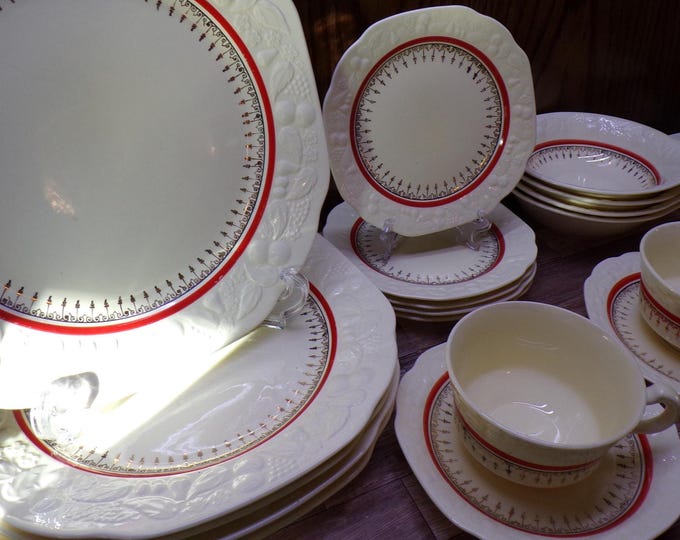 2511 Crocksville China #535 Vintage 1940's Dinnerware Yellow Cream with Fruit Border Red Band & Gold Accents USA - Good Condition Some Wear