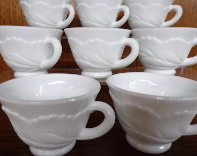 2504 Vintage Indiana Milk Glass White Pebble Leaf Punch Cups Set of 8 - Excellent Condition