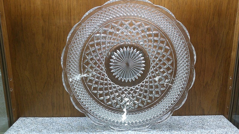 2408 Anchor Hocking Wexford Crystal Vintage 13.75" Shallow Bowl Platter Scalloped Rim 3" Tall- Great Condition Very Beautiful image 3
