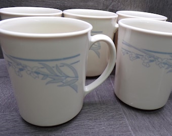 2406 Corelle Blue Lily on Cream 10 oz Coffee Mugs/ Cups Set of 5