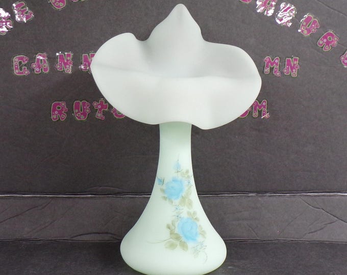 2212 Fenton Blue Roses on Barely Blue Vintage Satin 10" Jack in the Pulpit Vase - Signed K. Rauderman - Great Condition No Chips or Cracks