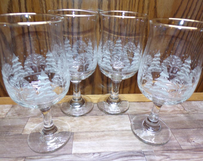 2510 Libbey Glass Arby's Christmas Frosted Pine Trees Vintage 7" Stemmed Tulip Glasses with Gold Rim Set of 4 - Great Condition