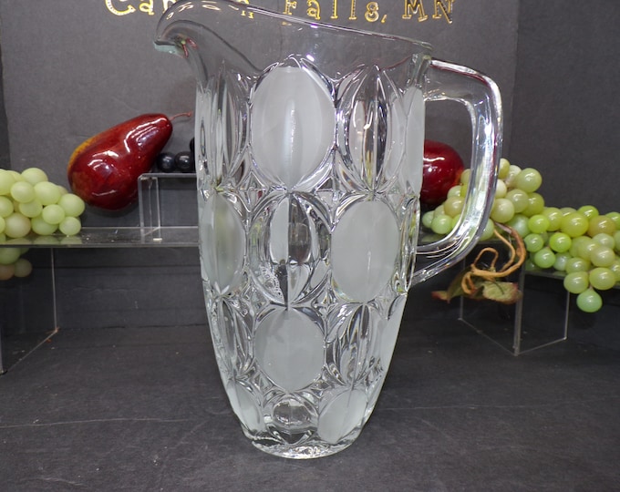 2308 Large Glass Pitcher with Clear and Frosted Embossed Ovals Vintage 9.5" - Good Condition Couple Scratches on Frosted Panels No Chips