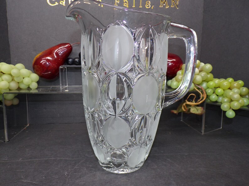 2308 Large Glass Pitcher With Clear and Frosted Embossed Ovals Vintage