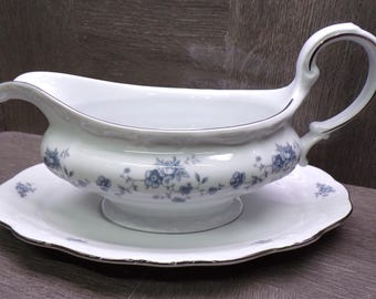 2606 Johann Haviland Fine China Blue Garland Vintage Gravy Boat with Underplate