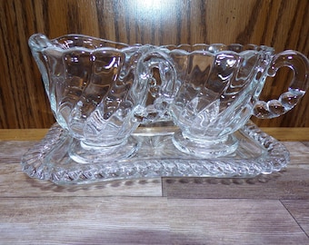 2508 Fostoria Glass 3 pc Set Colony Swirl 3.5" Vintage Cream Pitcher & Open Sugar Dish w/Tray - Great Condition